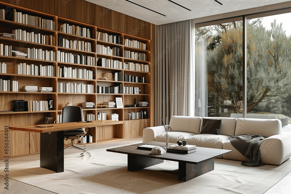 A modern home office design featuring a large wall-to-wall wooden bookshelf, sleek desk, and comfortable white sofa, set against a backdrop of large windows with a view of lush greenery A modern home office design featuring a large wall-to-wall wooden bookshelf, sleek desk, and comfortable white sofa, set against a backdrop of large windows with a view of lush greenery