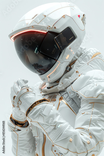 Astronaut in a futuristic spacesuit with advanced technology, perfect for illustrating space exploration concepts. photo