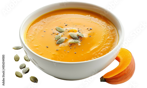 Pumpkin Soup in White Bowl with Pumpkin Seeds Perfect Autumn Meal Concept