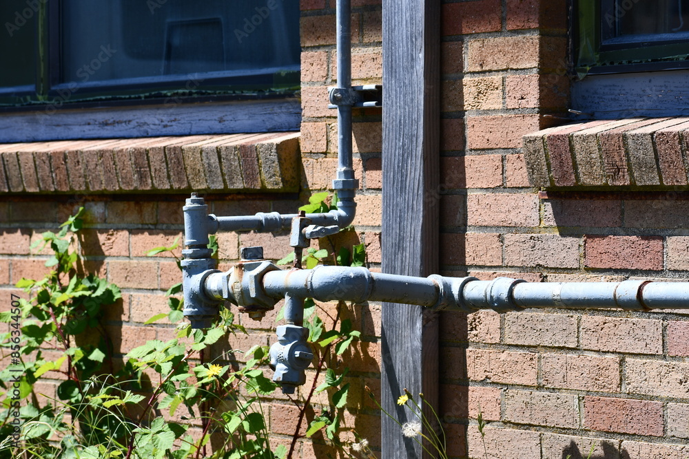 Gas piping on exterior of old abandoned middle school. Red brick construction and foliage wrapped around piping. Gas piping on exterior of old abandoned middle school. Red brick construction and foliage wrapped around piping.