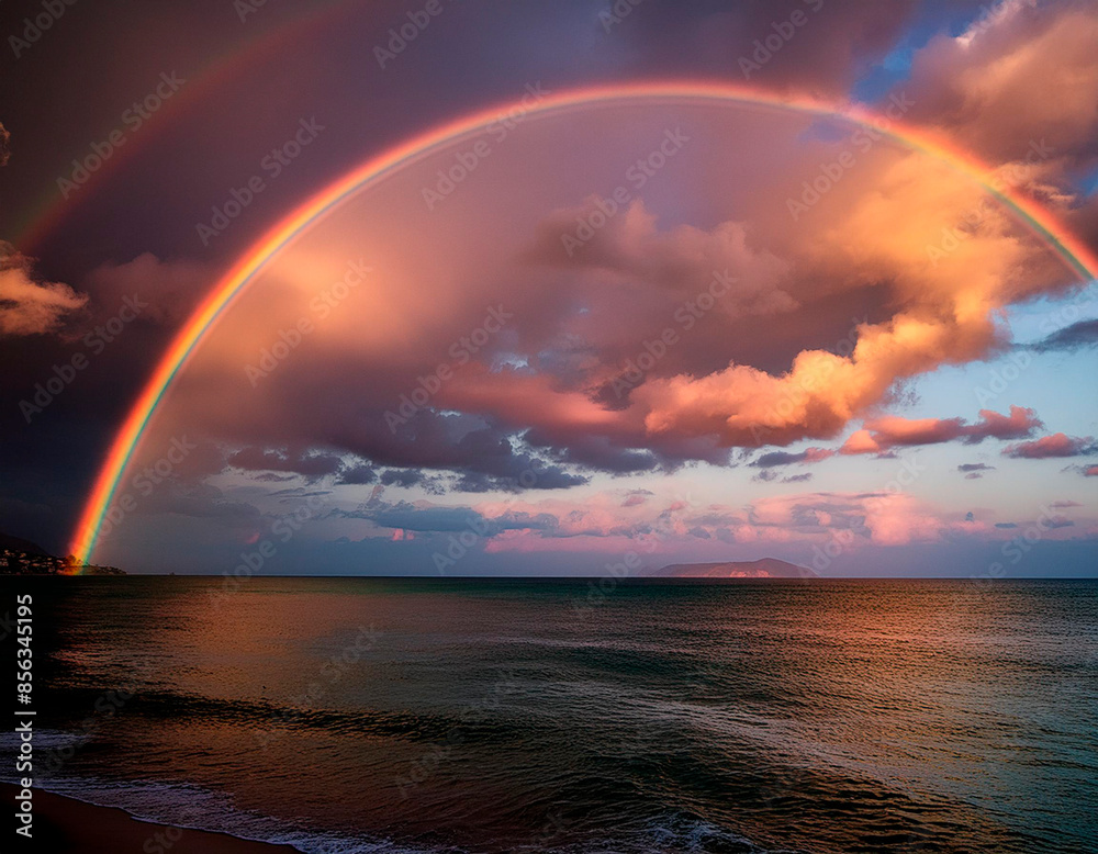 Rainbow in the sky over the sea. Beautiful natural background. Rainbow in the sky over the sea. Beautiful natural background.