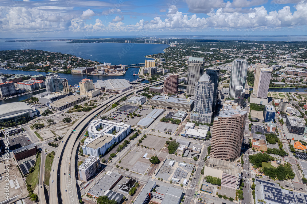 Fototapeta premium Beautiful aerial view of the Tampa bay City, it's Skyscrapers and Ybor city