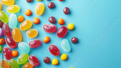 Colorful candies and jelly beans on blue background, close up