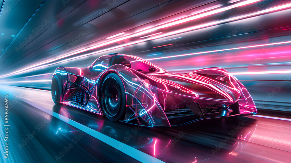A futuristic car, intricately designed with neon lines and vibrant colors, predominantly pink and blue. The car appears to be in a high-tech environment, surrounded by sleek, reflective surfaces A futuristic car, intricately designed with neon lines and vibrant colors, predominantly pink and blue. The car appears to be in a high-tech environment, surrounded by sleek, reflective surfaces