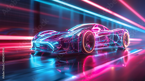 A futuristic car, intricately designed with neon lines and vibrant colors, predominantly pink and blue. The car appears to be in a high-tech environment, surrounded by sleek, reflective surfaces © @ArtUmbre