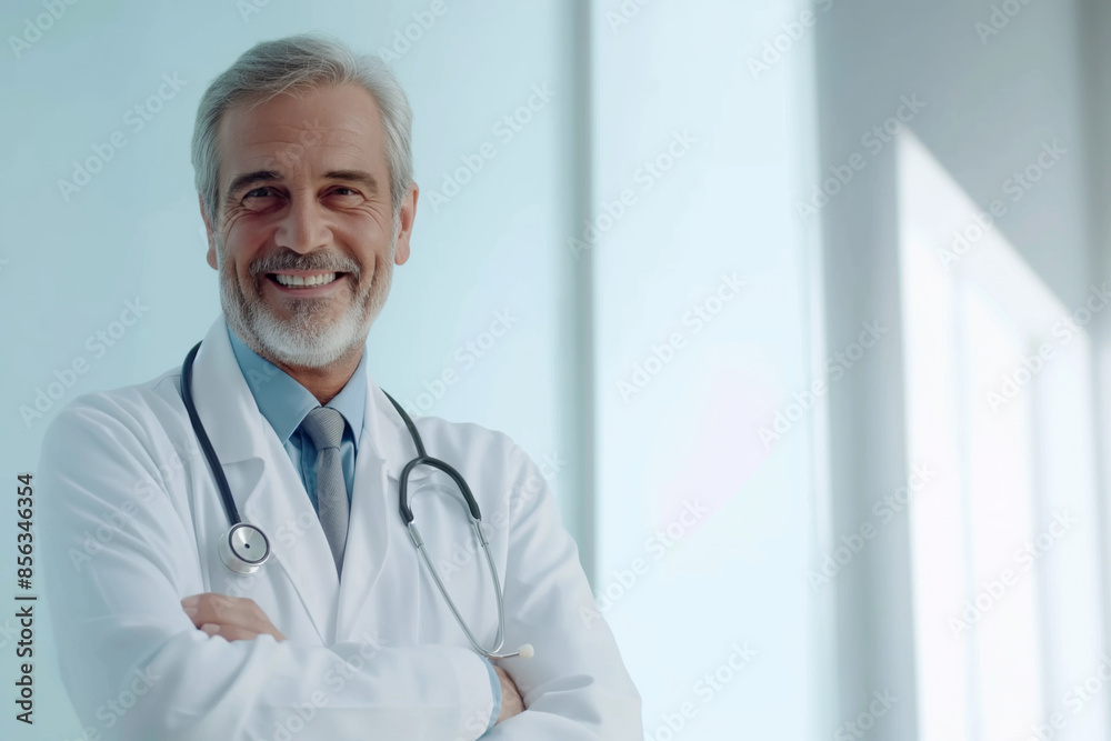 Senior male doctor is smiling with his arms crossed in a modern hospital setting, conveying experience and trustworthiness Senior male doctor is smiling with his arms crossed in a modern hospital setting, conveying experience and trustworthiness