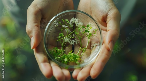 A_scientists_hands_holding_a_petri_dish_with_small_plants_generatieva_ai_image