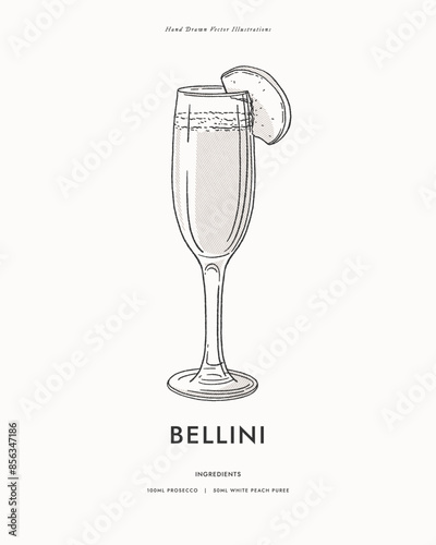 Bellini. A popular cocktail garnished with a peach slice. A classic alcoholic drink in an elegant glass. Illustra􀆟on for drinks cards, bar and wedding menus, cards and website graphics.