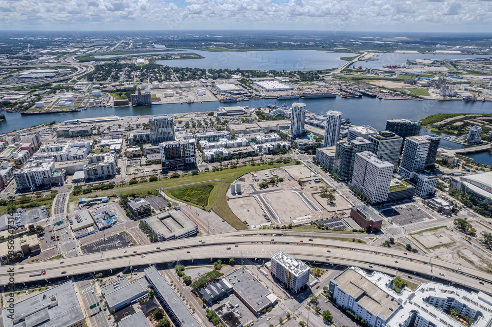 Fototapeta premium Beautiful aerial view of the Tampa bay City, it's Skyscrapers and Ybor city