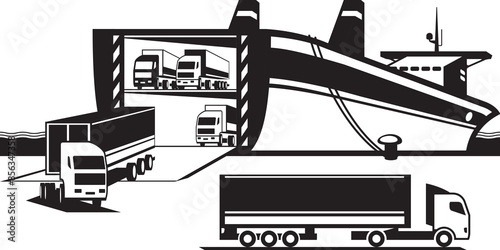 Trucks exit ferry boat at port cargo terminal – vector illustration