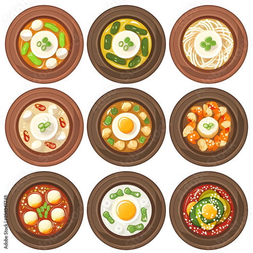 assortment of korean traditional dishes. asian food isolated on white background, flat design, png photo