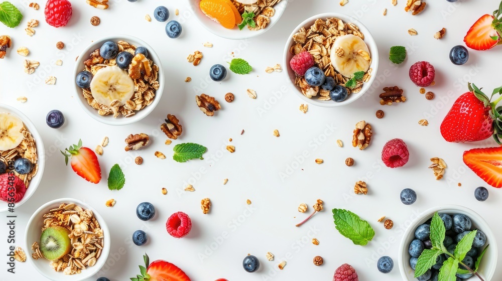Top down view of vegetarian breakfast with granola and fruits on white background Top down view of vegetarian breakfast with granola and fruits on white background