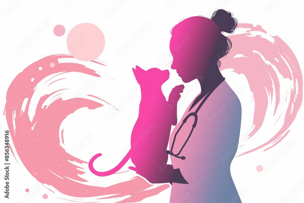 Silhouette of a female veterinarian holding a cat with pink paint swirls in the background, conveying care and compassion in veterinary medicine