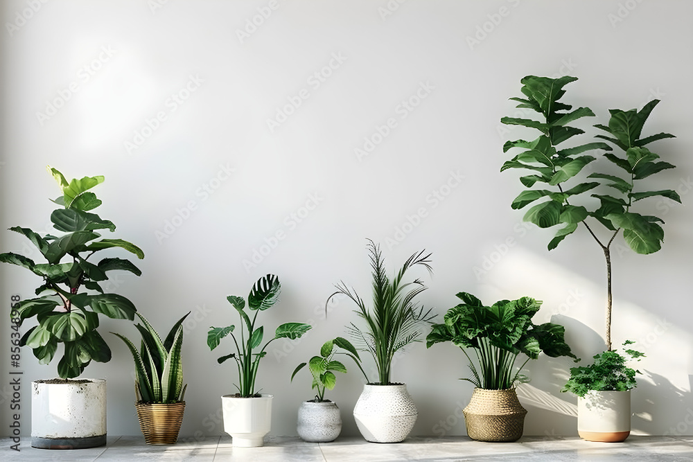 Houseplants in various pots lined against a near white wall with ample copy space, perfect for serene and modern interior design ideas. Houseplants in various pots lined against a near white wall with ample copy space, perfect for serene and modern interior design ideas.