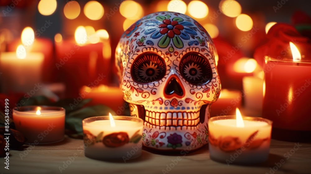 Mardi Gras sugar skull with intricate floral details, illuminated by candles in a mysterious and magical setting.
