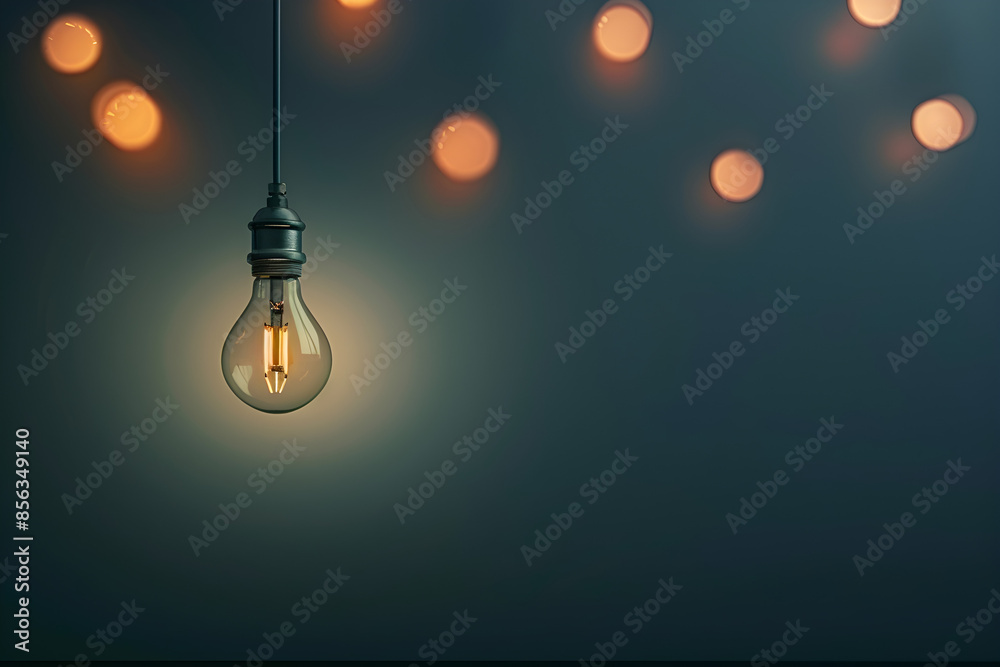 Single hanging light bulb glowing against a dark background with bokeh effect, minimalistic style, perfect for designs needing an ambiance element and copy space. Single hanging light bulb glowing against a dark background with bokeh effect, minimalistic style, perfect for designs needing an ambiance element and copy space.