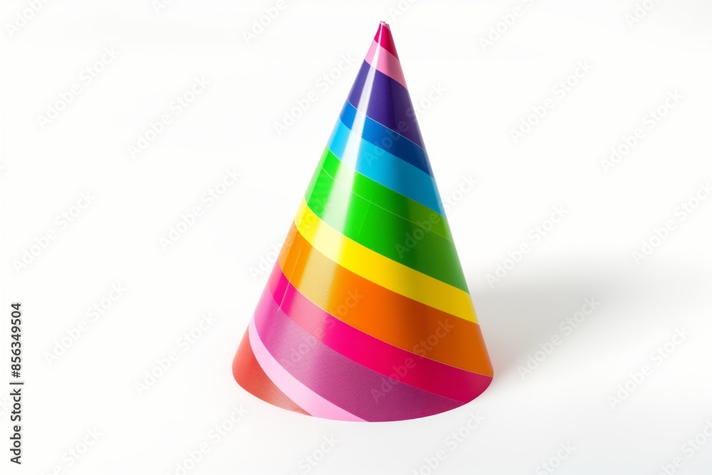 Colorful striped party hat with shades of the rainbow stands isolated on a pure white background, symbolizing celebration and fun Colorful striped party hat with shades of the rainbow stands isolated on a pure white background, symbolizing celebration and fun