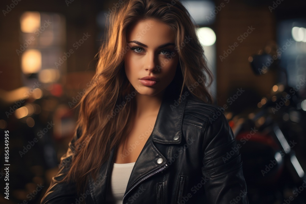 Leather charm: a gorgeous lady in a motorcycle salon, clad in a sleek leather jacket. Leather charm: a gorgeous lady in a motorcycle salon, clad in a sleek leather jacket.