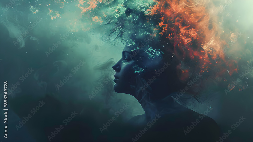 Abstract surreal portrait with smoke and fire, creating a mystical and ethereal atmosphere. Perfect for conceptual, fantasy designs, and emotional artistic expressions.