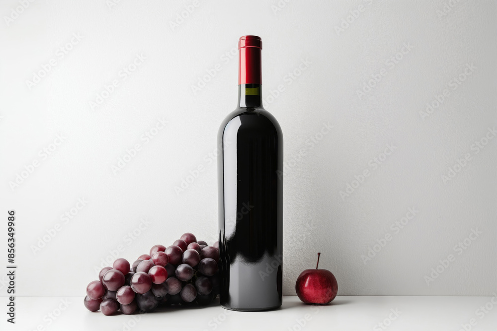 Obraz premium Sophisticated mockup of a wine bottle, paired with grapes and a crisp apple, isolated on a clean white backdrop
