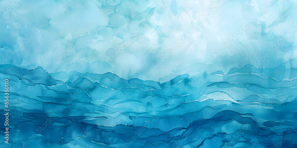 Obraz premium Calm water underwater blurry texture in turquoise, blue, and aqua tones, with copy space for text. Ideal for vacation, beach, and travel themes, in a cartoon wave illustration style.