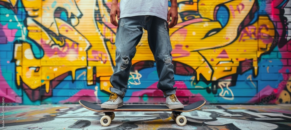 Fototapeta premium Urban Skateboarder Posing Against Vibrant Graffiti Wall in Casual Streetwear for Street Photography