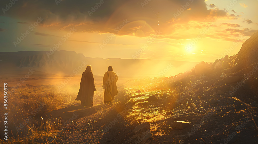 The road to Emmaus scene, with two disciples walking with Jesus, represented by the breaking of bread at the moment of revelation, with copy space. The road to Emmaus scene, with two disciples walking with Jesus, represented by the breaking of bread at the moment of revelation, with copy space.