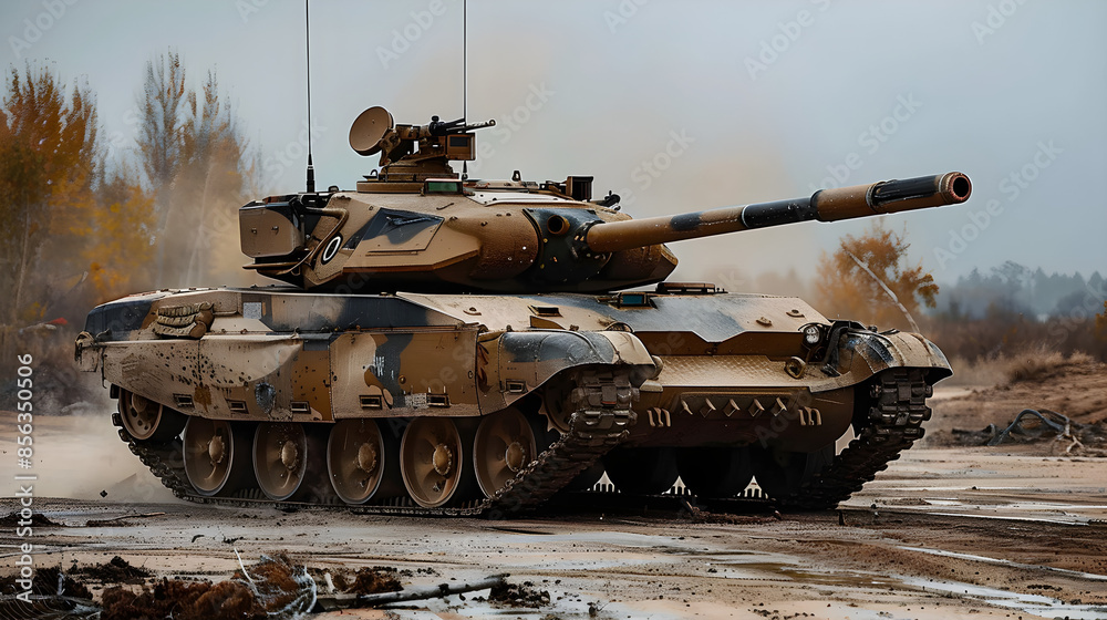 An army tank engaged in a military exercise in a rugged terrain during autumn. Ideal for military-themed designs with ample copy space. An army tank engaged in a military exercise in a rugged terrain during autumn. Ideal for military-themed designs with ample copy space.
