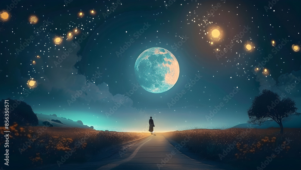 Fototapeta premium a person walking on a road at night with the moon and stars in the sky, creating a peaceful and magical atmosphere with ample copy space