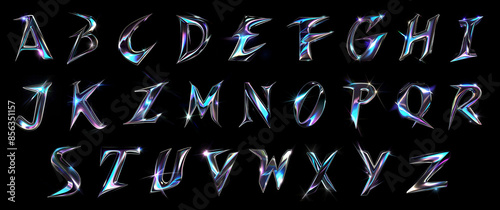 Holographic 3d typography, alphabet set with glittering effect, glowing neon letter, iridescent design, shiny metallic font on a black background