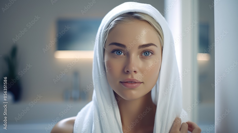 Portrait of beautiful woman with towel on head in bathroom Portrait of beautiful woman with towel on head in bathroom