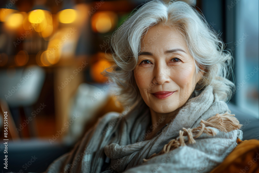 Elegant senior woman with grey hair and scarf, warmly lit indoor background. Elegant senior woman with grey hair and scarf, warmly lit indoor background.