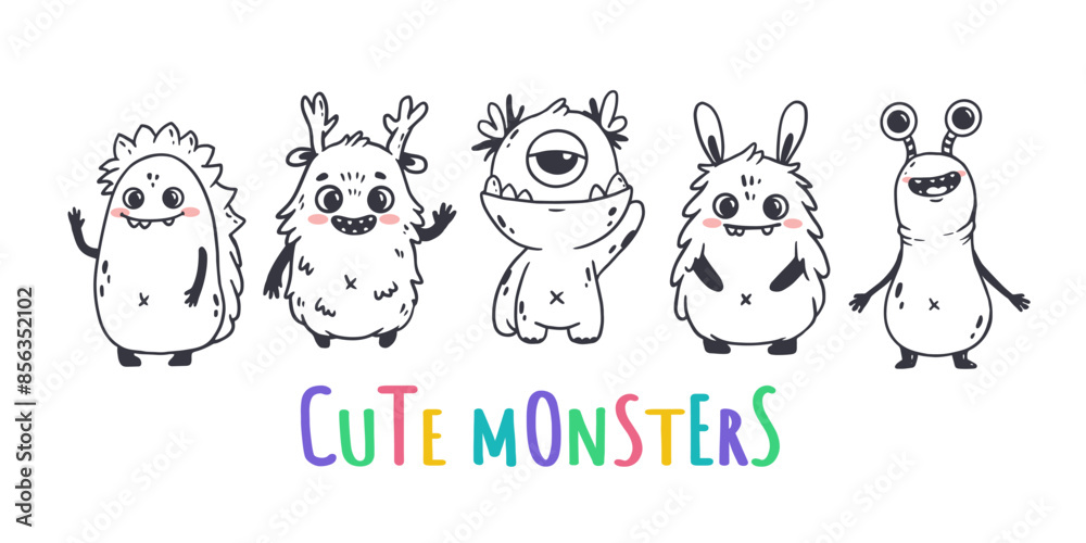 Obraz premium Set of cute cartoon monsters in doodle style. Funny characters on white background. Icon monster. Alien.Vector illustration
