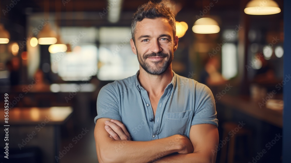 Portrait of handsome man with arms crossed standing in cafe Portrait of handsome man with arms crossed standing in cafe