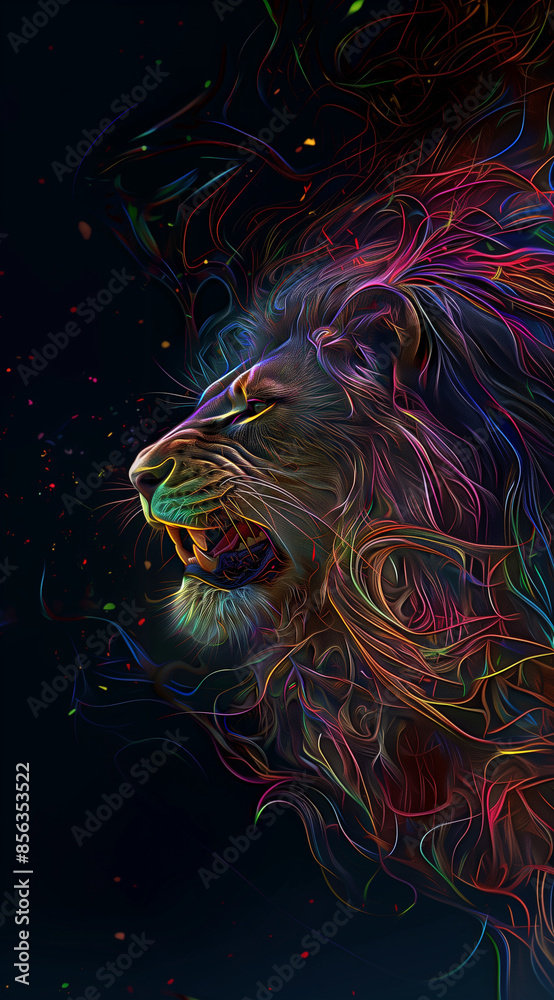 an abstract image of a lion's face with an interweaving of smooth shapes and bright neon illumination on a black background. With high definition, the shapes should be smooth, conveying a sense of mov an abstract image of a lion's face with an interweaving of smooth shapes and bright neon illumination on a black background. With high definition, the shapes should be smooth, conveying a sense of mov