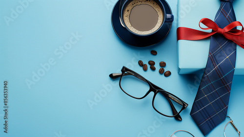 A bright blue flat pack with coffee, glasses and striped gift boxes is an ideal option for celebrating Fathers' Day/ The items are located at the bottom of the photo photo