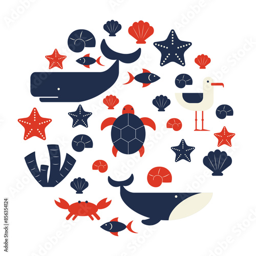 Set of sea animals and plants. Collection of hand drawn vector marine elements in flat style. Red and blue nautical illistrations