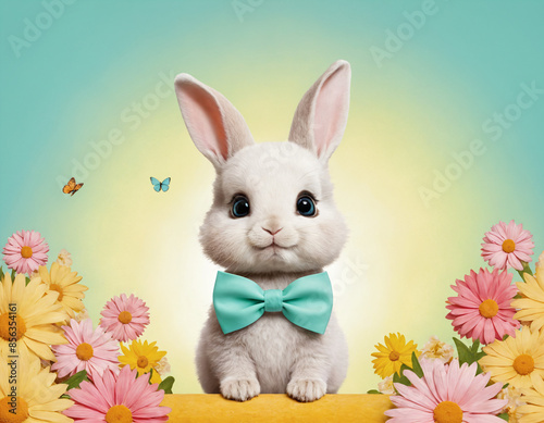 Adorable Bunny in a Bow Tie Surrounded by Spring Flowers