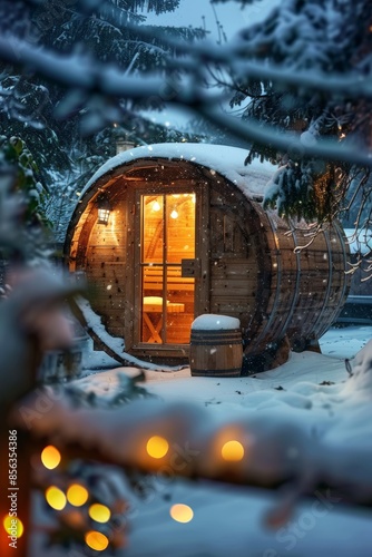 Cozy Winter Retreat: Wooden Barrel Sauna Beside a Snowy Cabin with Warm Glow, Perfect for Holiday Cards photo