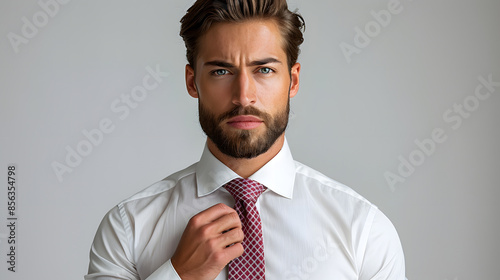 he is in a white shirt with a red tie. the man straightens his tie close up.handsome bussines man with well-groomed hands corrects his tie isolated on white background, detailed, png photo