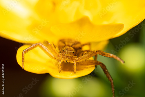 A macro shot of a crab spider waiting on a yellow flower. photo