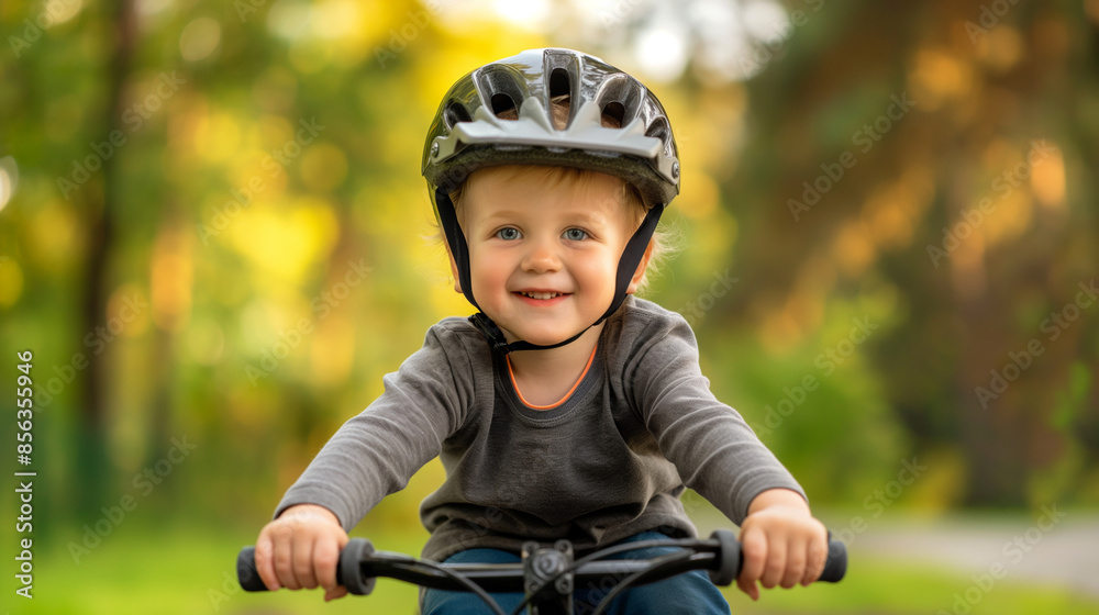 A boy wearing a helmet learning to ride a bicycle in a park A boy wearing a helmet learning to ride a bicycle in a park