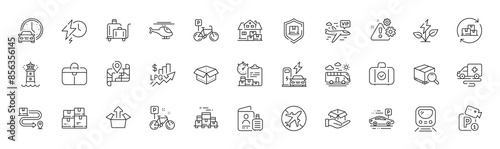 Bike, Passport and Rise price line icons. Pack of Parking security, Delivery service, Ambulance transport icon. Home moving, Lighthouse, Bicycle parking pictogram. Luggage trolley. Line icons. Vector