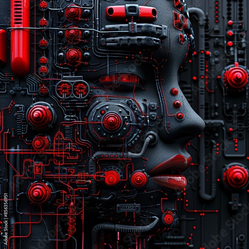 dark futuristic and abstract technology relief with face parts and red elements