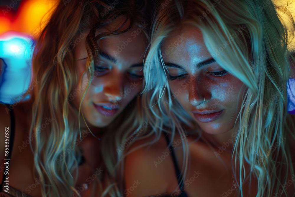 Obraz premium Two Women Look Down In A Nightclub Under Neon Lights
