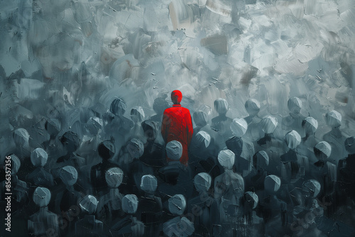 Red Figure Stands Out Amidst a Gray Crowd in a Surreal Painting