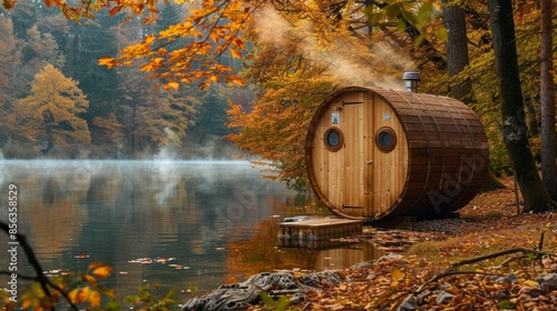 Cozy Wooden Barrel Sauna by Tranquil Autumn Lake with Colorful Foliage and Rising Steam