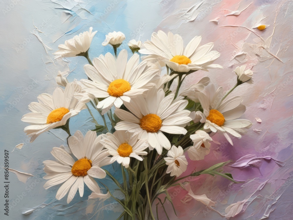 Bouquet of daisy flowers in oil painting on canvas, artistic paint texture Bouquet of daisy flowers in oil painting on canvas, artistic paint texture