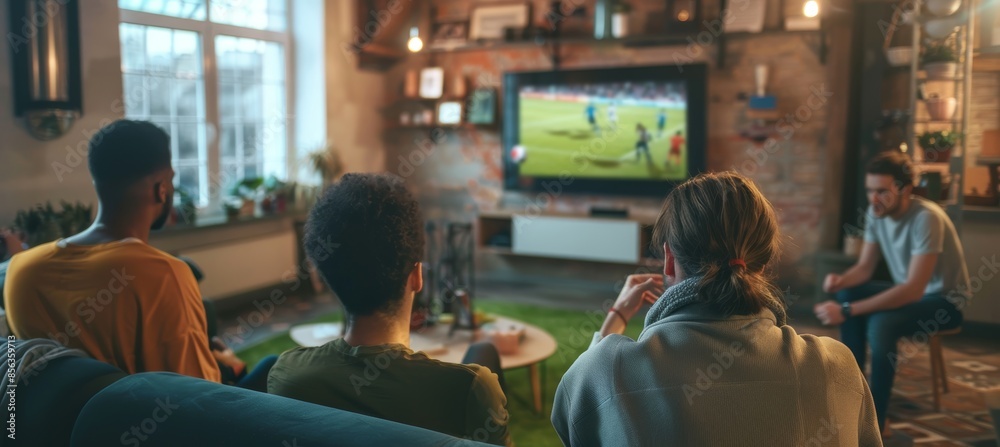 Friends Watching a Soccer Game in a Stylish Loft Apartment with Modern Decor Friends Watching a Soccer Game in a Stylish Loft Apartment with Modern Decor