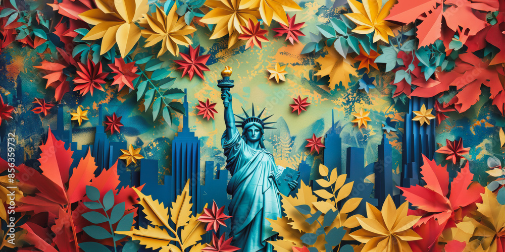 Statue of liberty labor day greeting card with paper leaves Statue of liberty labor day greeting card with paper leaves